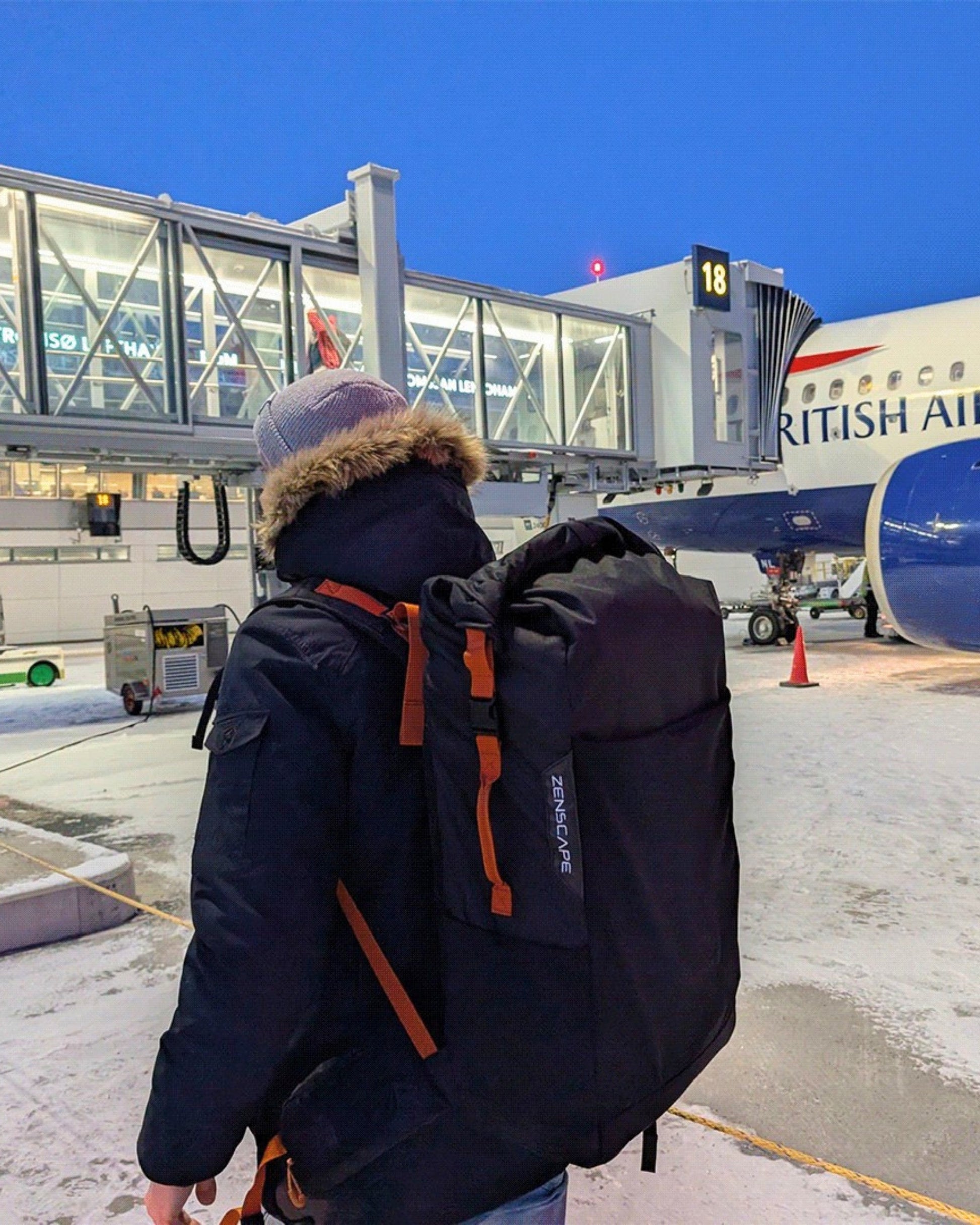 Zenscape traveller boarding a British Airways flight with backpack